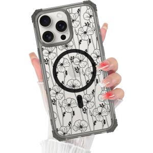 iPhone 16 Pro Max Case - Four-Corner Shockproof, Magnetic, Clear Black Flowers Design