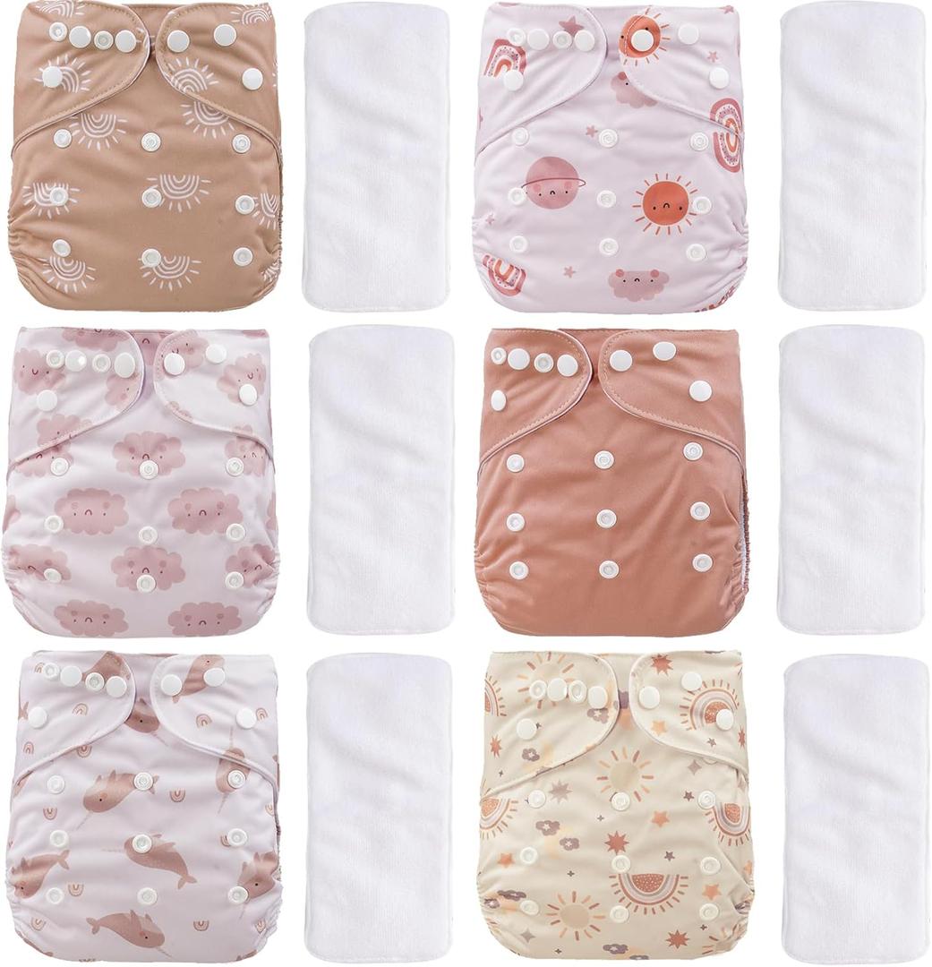 12 Set Reusable Adjustable Cloth Diapers for Newborn to 0-3 Years, One Size Washable Pocket Nappy Covers for Baby Girl and Boy, 6 Pack Cloth Diapers+6pcs Microfiber Inserts(Pink)