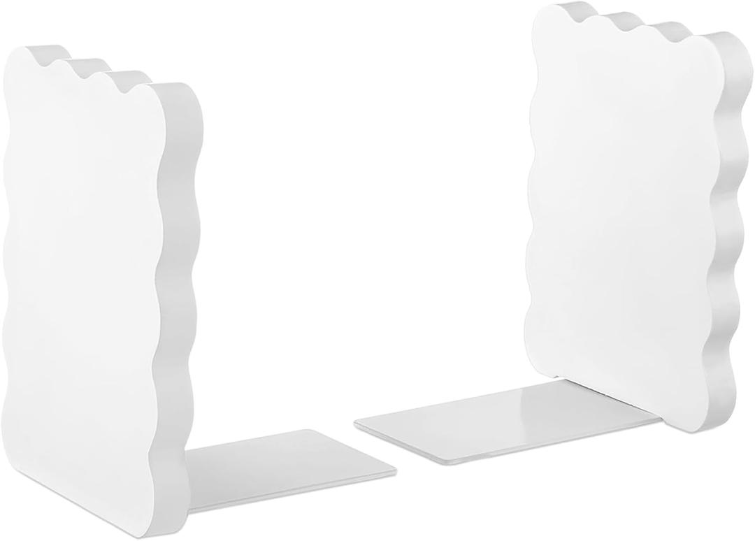Skyygemm White Wood Scalloped Bookends for Shelves, Non Slip Decorative Cute Aesthetic Preppy Heavy Duty Book Ends Organizer Stopper for Nursery Home Decor Office