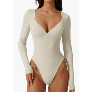 QINSEN Women's Long Sleeve Bodysuit V Neck Body Suits Seamed Cup Going Out Tops Shirt(M)