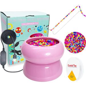 Xmada Electric Bead Spinner - Bead Spinner with 2PC Beading Needles and Seed Beads, Waist Beads Kit, Bead Spinner for Jewelry Making, Electric | Speed Adjustment Beading Tools (Pink)