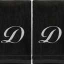 Monogrammed Towels Fingertip, Personalized Gift, 11 x 18 Inches - Set of 2 White Embroidered Towel - Extra Absorbent 100% Cotton - Soft Velour Finish - For Bathroom/ Kitchen/ Spa - Initial D (Black)