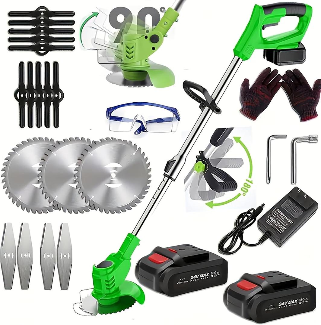 Electric Weed Wacker, Weed Eater on Battery Operated, Comes with Two 24V Batteries and Three Different Types of Blades,3 in 1 Trimmer Lawn/Cordless Trimmer for Lawn Yard Garden (Green)