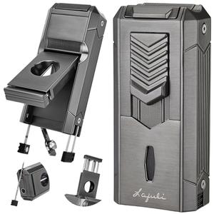 6-in-1 Torch Lighter with Twin Nubber, Auto-Pop V-Shape Clipper, Draw Enhancer, Holder and Punch, Refillable & Adjustable Windproof Butane Lighter, Premium Gift Box for Men & Travel Essential