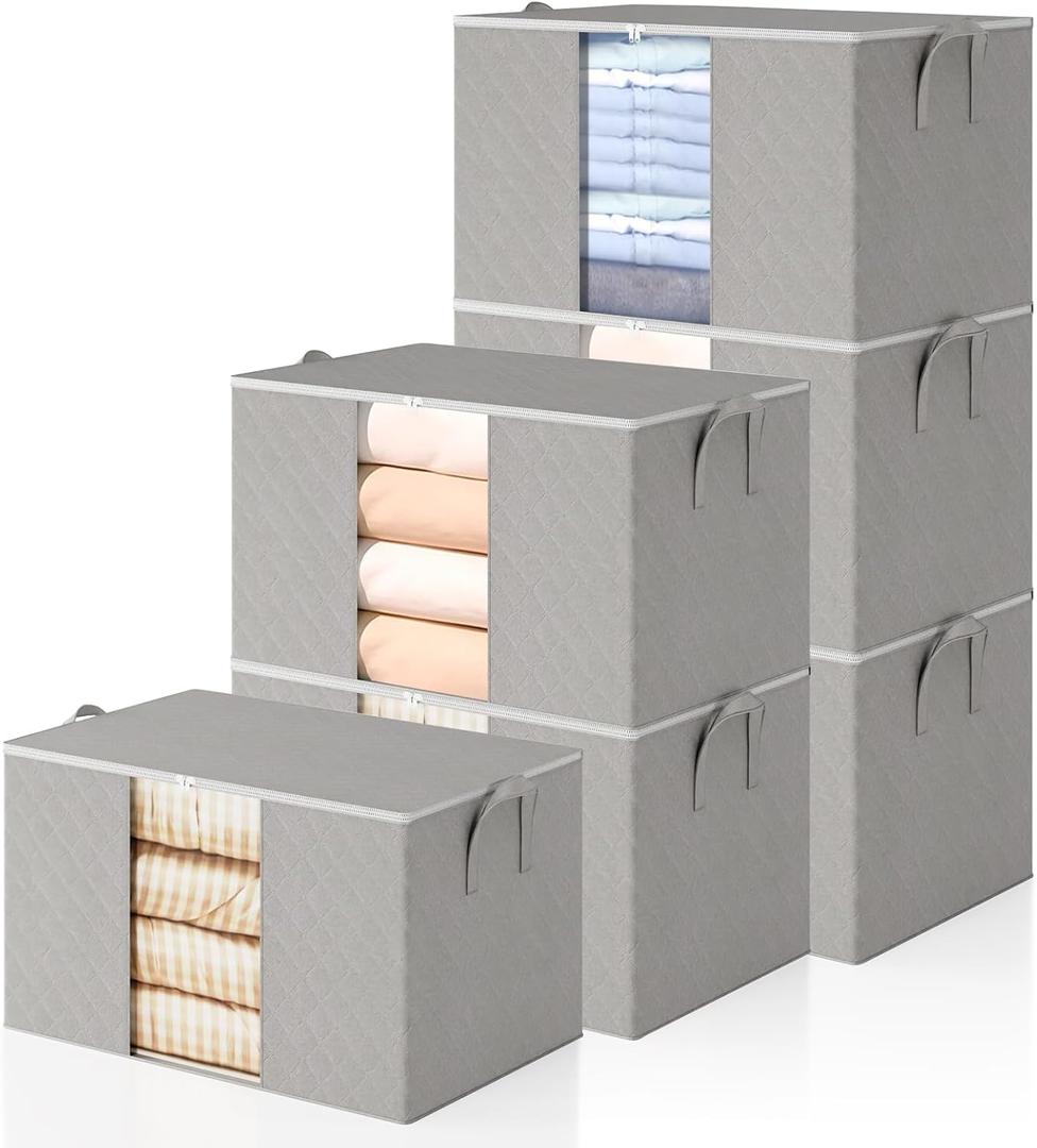 6 Pack Clothes Storage Bags - 90L Blanket Organizers and Storage for Closet Large Storage Bins with Lids and Zipper Storage Containers for King Comforter, Pillow and Sweater (Grey, 6 Pack)