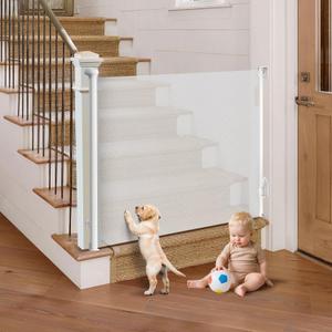 Retractable Baby Gate for Stairs, 55" Wide Mesh Pet Gate, Automatic Tension, One-Hand Operation, 38" Tall Baby Gates for Doorways, Hallways, Deck, Indoor Outdoor, Safe, Easy to Fit, White