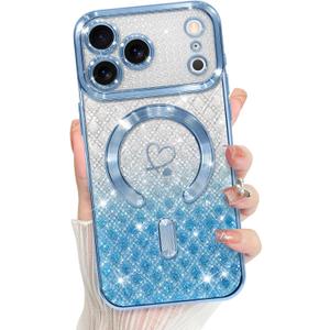 Bonoma Compatible with iPhone 17 Pro Case 2025 Support for MagSafe, Plating Heart Glitter Magnetic Checkered Case TPU Camera Protection Back Cover for Girls Women -Blue