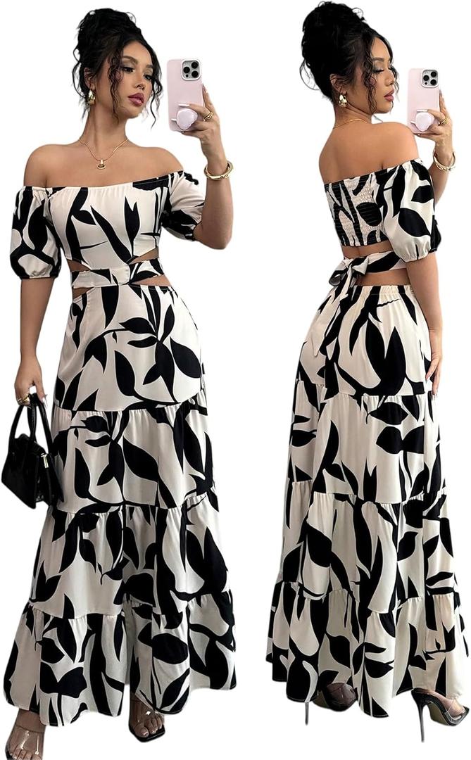 Women's Boho Off The Shoulder Short Sleeve Maxi Dresses Casual Summer Tiered Ruffle Swing Cut Out Flowy Dress (Beige, L)