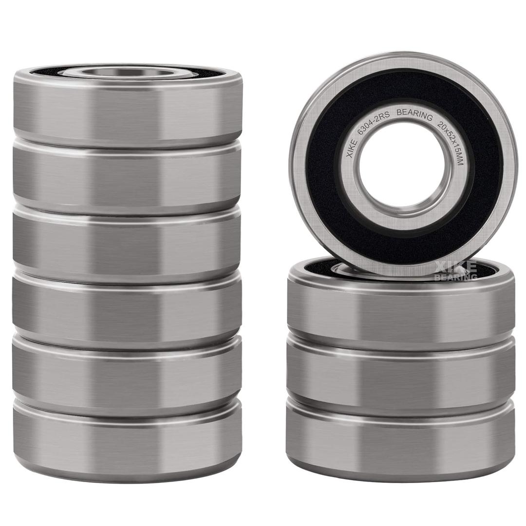 XiKe 10 Pcs 6304-2RS Double Rubber Seal Bearings 20x52x15mm, Pre-Lubricated and Stable Performance and Cost Effective, Deep Groove Ball Bearings
