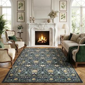 GarveeHome Washable Area Rug 5x7, Retro Floral Low Pile Non Slip Living Room Rug Soft Cottage Core Rug Farmhouse Indoor Carpet for Bedroom Dining Room Playroom (Indigo/Slate)