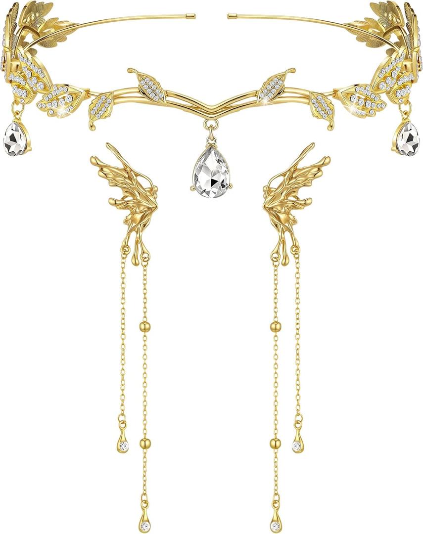 Glenmal 3 Pcs Elf Ear Cuffs and Crown Halloween Rhinestone Leaf Headband Fairy Ear Cuffs Princess Cosplay Costume for Women (Medium, Gold)