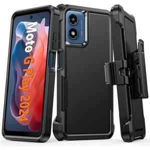 FNTCASE for Motorola Moto G-Play-2024 Case: Heavy Duty Drop Protection with Rugged Belt-Clip Holster & Kickstand Military Grade Shockproof Durable Protective Cell Phone Cover (Black)
