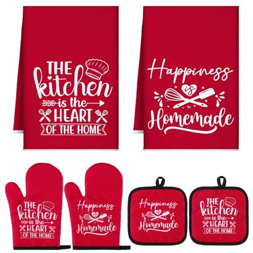 Sratte 6 Pcs Kitchen Decor Accessories Set Farmhouse Towels Pot Holders Oven Mitts 2 Potholders 2 Cooking Mittens Oven Glove for Christmas Baking Cooking Supply(Red,Kitchen)