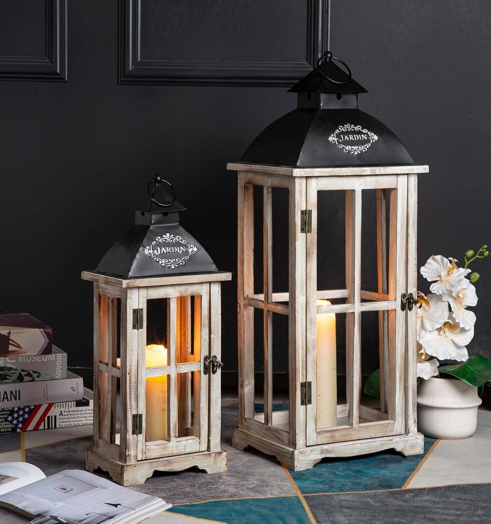 Set of 2 Large Decorative Wooden Metal Lanterns, Farmhouse Rustic Floor Candle Lanterns, Indoor/Outdoor Hanging Lanterns for Home Decor (No Glass) (Graywash)
