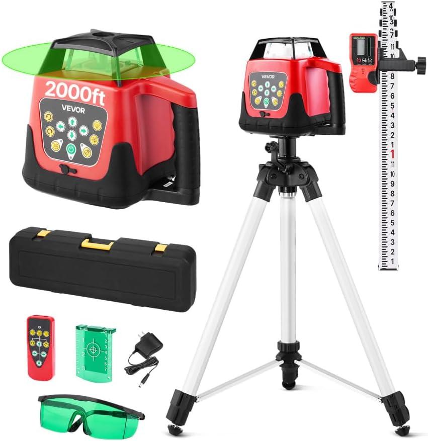 VEVOR Rotary Laser Level Kit, 2000ft 360-Degree Self Leveling Green Horizontal Laser Transit,with Tripod,Receiver,Remote Control, Scale, Toolcase, IP66 Rating Waterproof, 0.80in/100ft for Construction