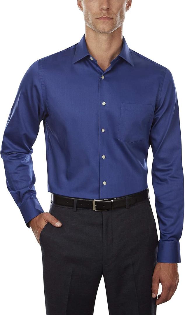 Van Heusen Men's Dress Shirts Fitted Lux Sateen Stretch Solid Spread Collar (18.5" Neck 36"-37" Sleeve, Blue Velvet)