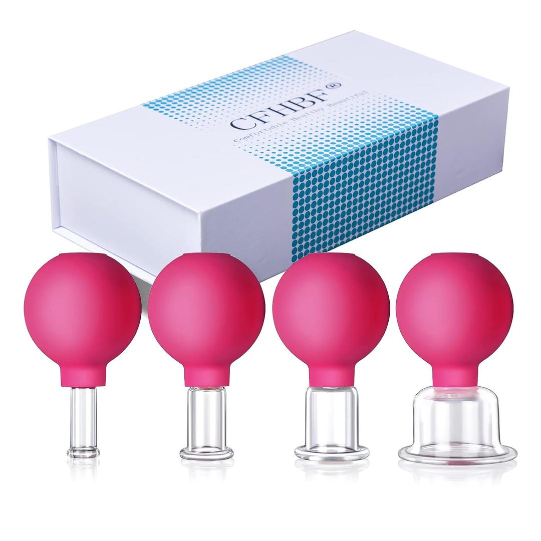 4 Size Facial Cupping Therapy Set Glass, Eye Face Vacuum Massage Anti Cellulite Cup - Silicone, for Beauty Body Cup Lymphatic Fascia Massager (Gift Box Packaging-Red)