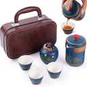 Portable Chinese Tea Set with Carrying Case, Navy Blue Ceramic, Gold Floral Design, Travel Teapot with Filter and 3 Tasting Cups