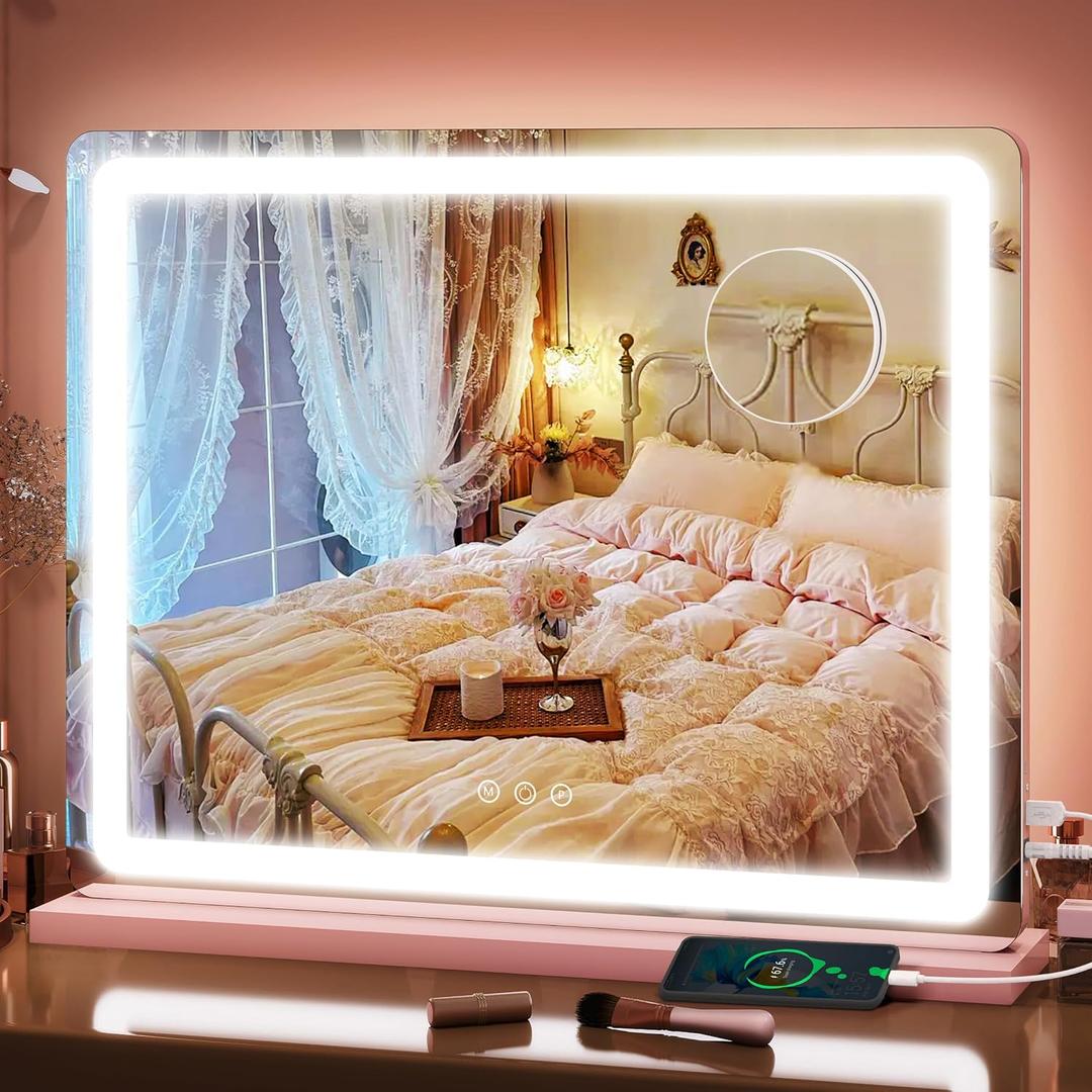 FENNIO 23" x 18" Vanity Mirror with Lights，LED Makeup Mirror，Hollywood Mirror with 3 Color Modes & Adjustable Brightness，Vanity Mirror Pink