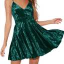 R.Vivimos Women's Crushed Velvet Spaghetti Straps Sexy V Neck Club Party Pleated Swing Skater Dress (Green, S)