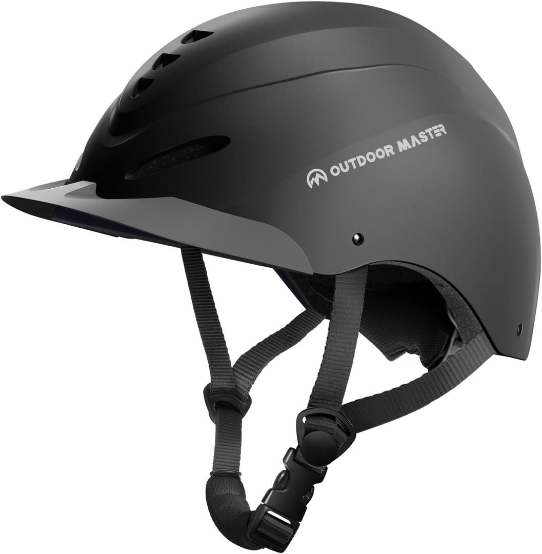 OutdoorMaster Equestrian Helmet, Horse Riding Helmet with Sun Visor and Excellent Ventilation, Adjustable Safe Helmet for Men, Women & Youth (Medium: 55-58 Cm | 6 7/8 - 7 1/4, Matte Black)