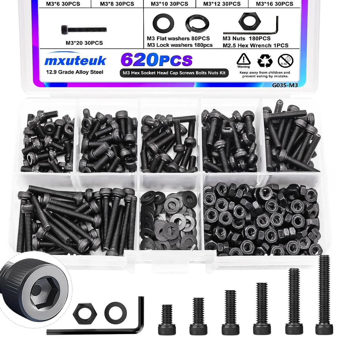 mxuteuk 620PCS M3 Screws Assortment Kit,M3 Screw Kit Suitable for 3D Printer,6/8/10/12/16/20mm 12.9 Grade Alloy Steel Black Zinc Hex Socket Head Bolts Nuts Washers Kit