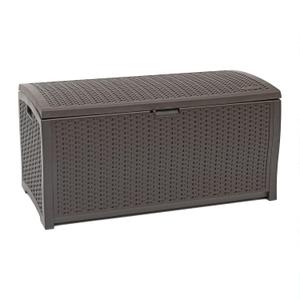 Suncast DBW9200 99 Gallon Outdoor Wicker Plastic Patio Storage Chest Bin with Handles for Patio, Garden, Garage, or Pool for All Weather, Mocha
