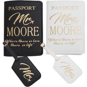 Passport Wallets Travel Holder Set, Honeymoon Travel Luggage Tags Passport Cover for Wedding Bridal Shower Gift, cute map pattern for Wedding Bridal Shower Gift (Golden-2)