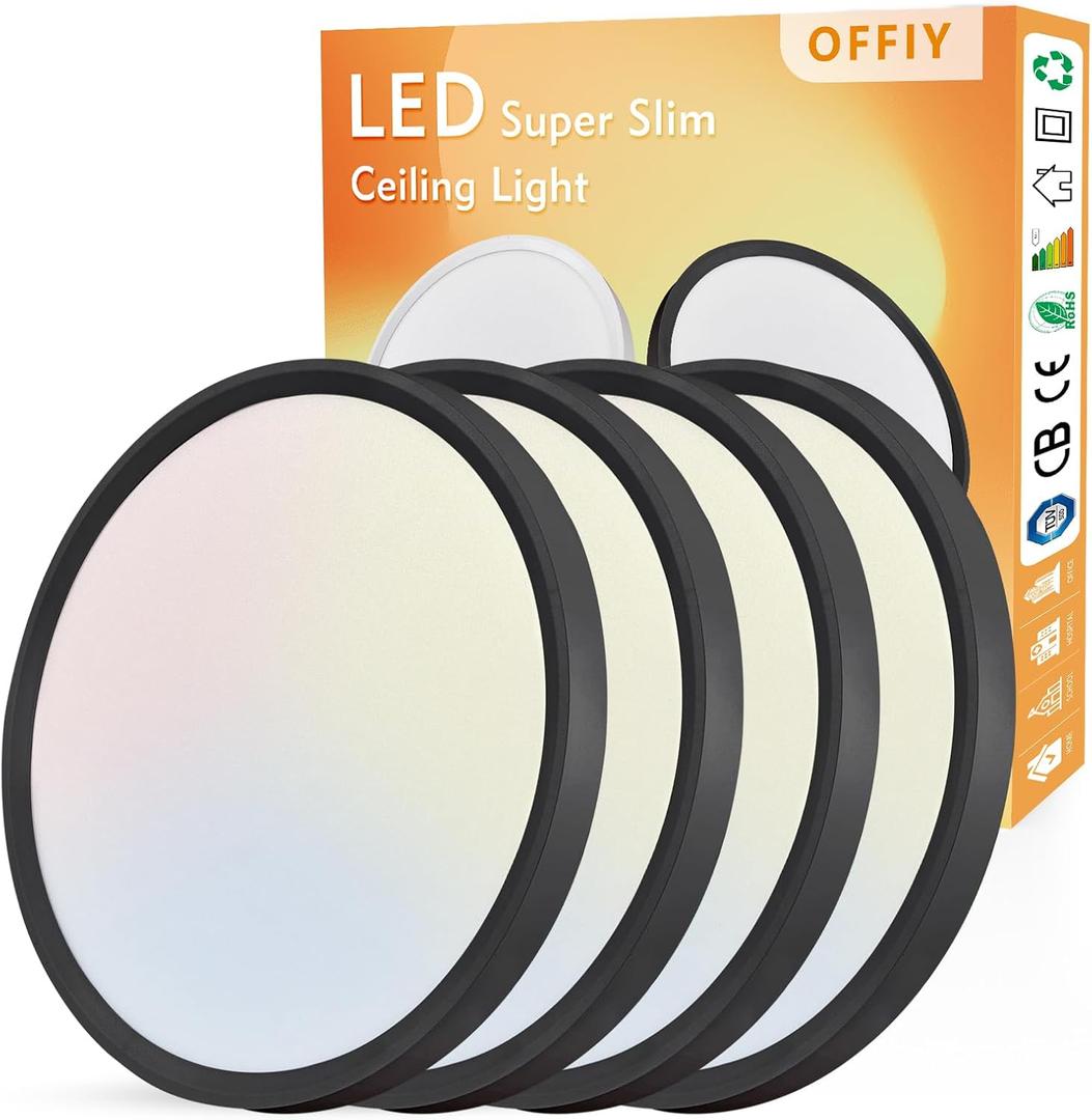 4PK 12 Inch LED Flush Mount Ceiling Light, 24W, 2520LM, 3000K/4000K/6000K CCT Selectable Super Slim LED Ceiling Light, Close to Ceiling Round Flat Panel Light for Hallway, Bedroom,Kitchen ect