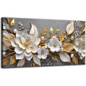 Large Living Floral Canvas Wall Art Gold White Plant Abstract Decor painting Pictures Modern Nordic Botanical Flowers Posters Prints for Bathroom Bedroom Office Hallway Home Decoration (40"L x 20"W)