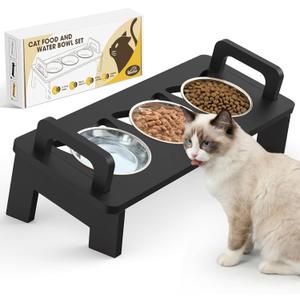 Bamboo Elevated Cat Bowls, 3 Stainless Steel Raised Cat Bowl with Stand, 15Tilted Cat Feeding Station, Cat Food and Water Bowl Set for Small Cats, Anti Vomitting, Whisker Fatigue (Black)