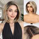 HAIRCUBE Brown Highlight Synthetic Lace Front Wig, 12Inch shoulder length Bob wigGlueless Human-Like Wig for Women, Natural Hairline & Adjustable Cap