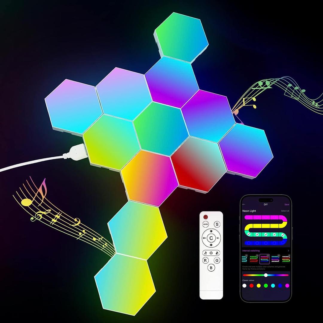 12-Pack Hexagon Light Panels Smart RGB LED Wall Lights with App & Remote Music Sync Gaming Lights for Room Decor, Birthday & Party Gifts for Boys, Teens, Men, Boyfriends, and Kids