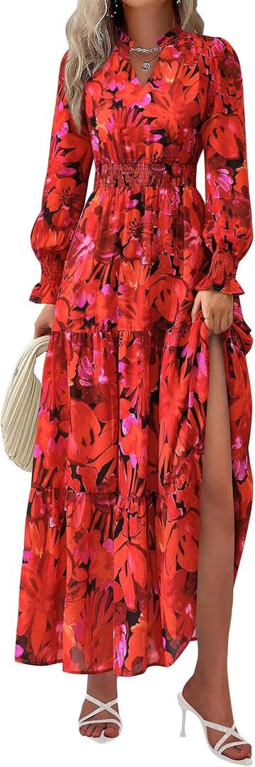 PRETTYGARDEN Women's Floral Maxi Dress 2025 Fall Long Sleeve V Neck Casual A Line Long Flowy Boho Party Dresses (Floral Red, X-Large)