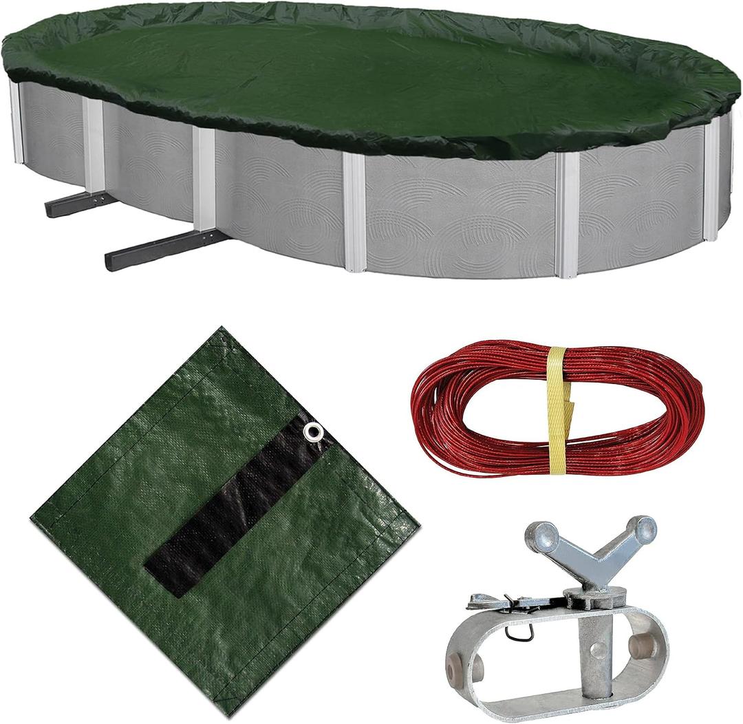 Blue Wave Silver 12-Year 12 ft x 20 ft Oval Above Ground Pool Cover for Winter, Durable & Weather-Resistant Polyethylene, 4-Ft Overlap, Black Underside, Reinforced Grommets, Winch, Cable, Forest Green