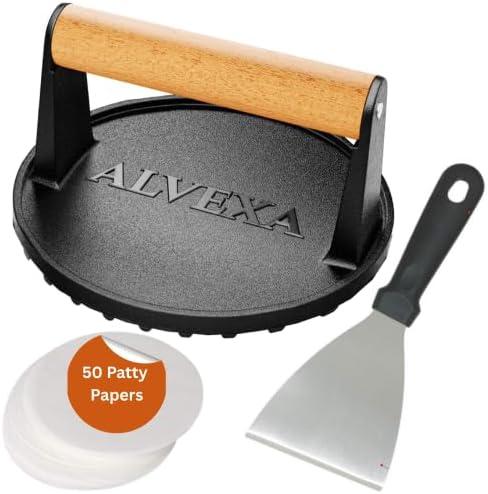 Alvexa™ Cast Iron Smash Burger Press Kit, 6.85" Heavy-Duty Burger Smasher with Wood Handle, 2 lb Grill Bacon & Meat Press, 304 Stainless Steel Spatula & 50 Patty Papers, Round Grooved