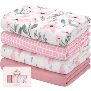 Yoofoss Muslin Swaddle Blankets, Organic Baby Blankets, 47 x 47 Inches Receiving Blanket for Baby Boys and Girls, Baby Essentials for Newborns Soft Breathable (Pink Flower)