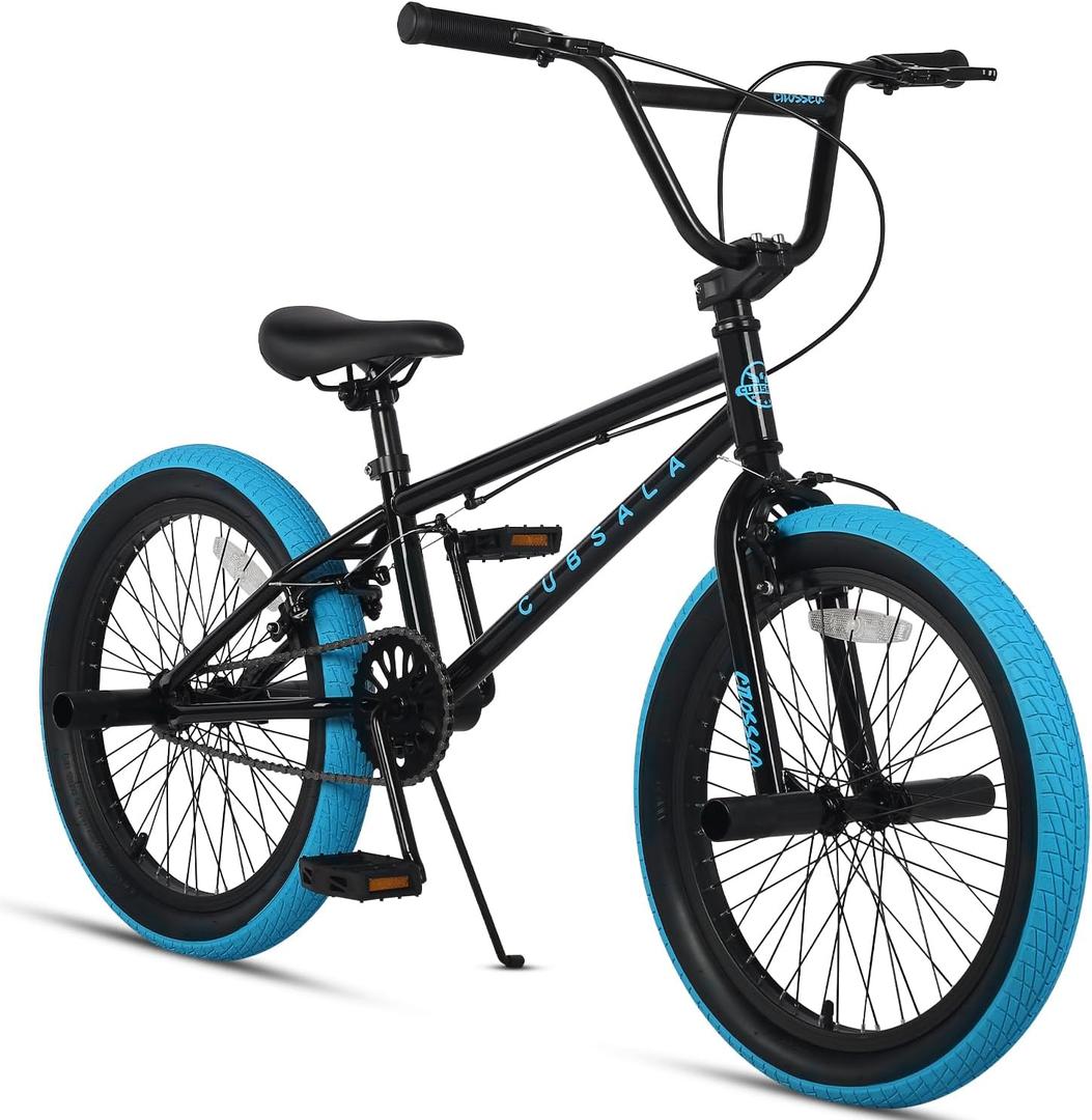 Freestyle BMX Bike, 18 20 Inch Kids Bicycle for 5-13 Years Old Kids and Beginner Level Rider, Multiple Colors (Black with Blue Tires)