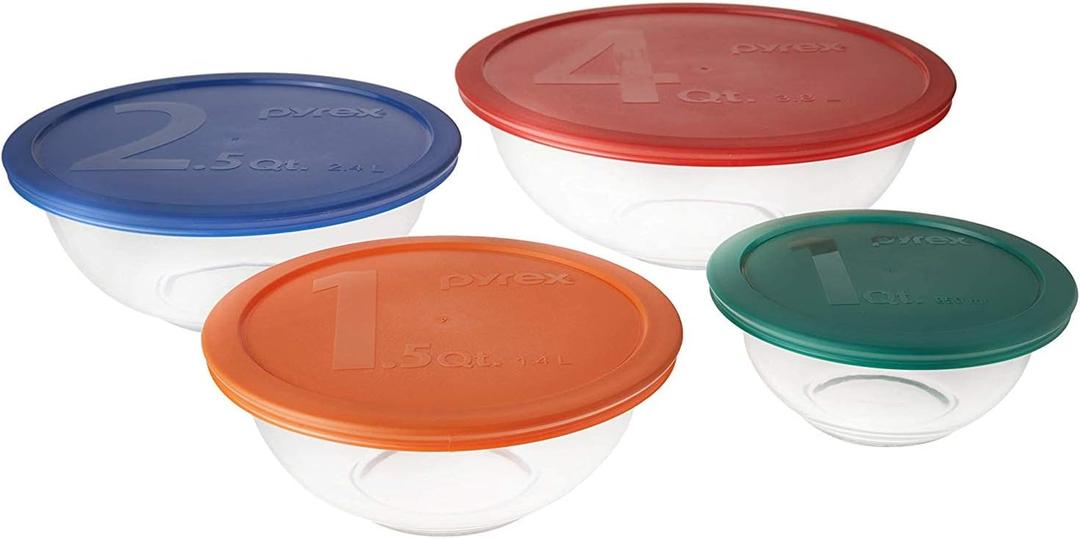 Pyrex Mixing Bowl Bundle With Mixing Bowl Lids in 1qt, 1.5qt, 2.5qt and 4qt
