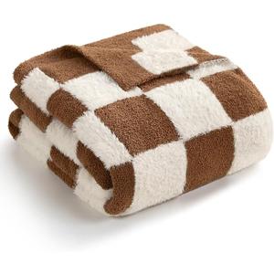 Snuggle Sac Brown Checkered Throw Blanket Faux Fur Microfiber Blankets for Couch, Cozy Soft Warm Blanket for Sofa Bedroom Living Room, Brown Checker, 50x60 inches