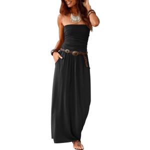 Alaster Queen Womens Strapless Bandeau Summer Long Floral Dress Off Shoulder Beach Maxi Dress with Pockets (Black)