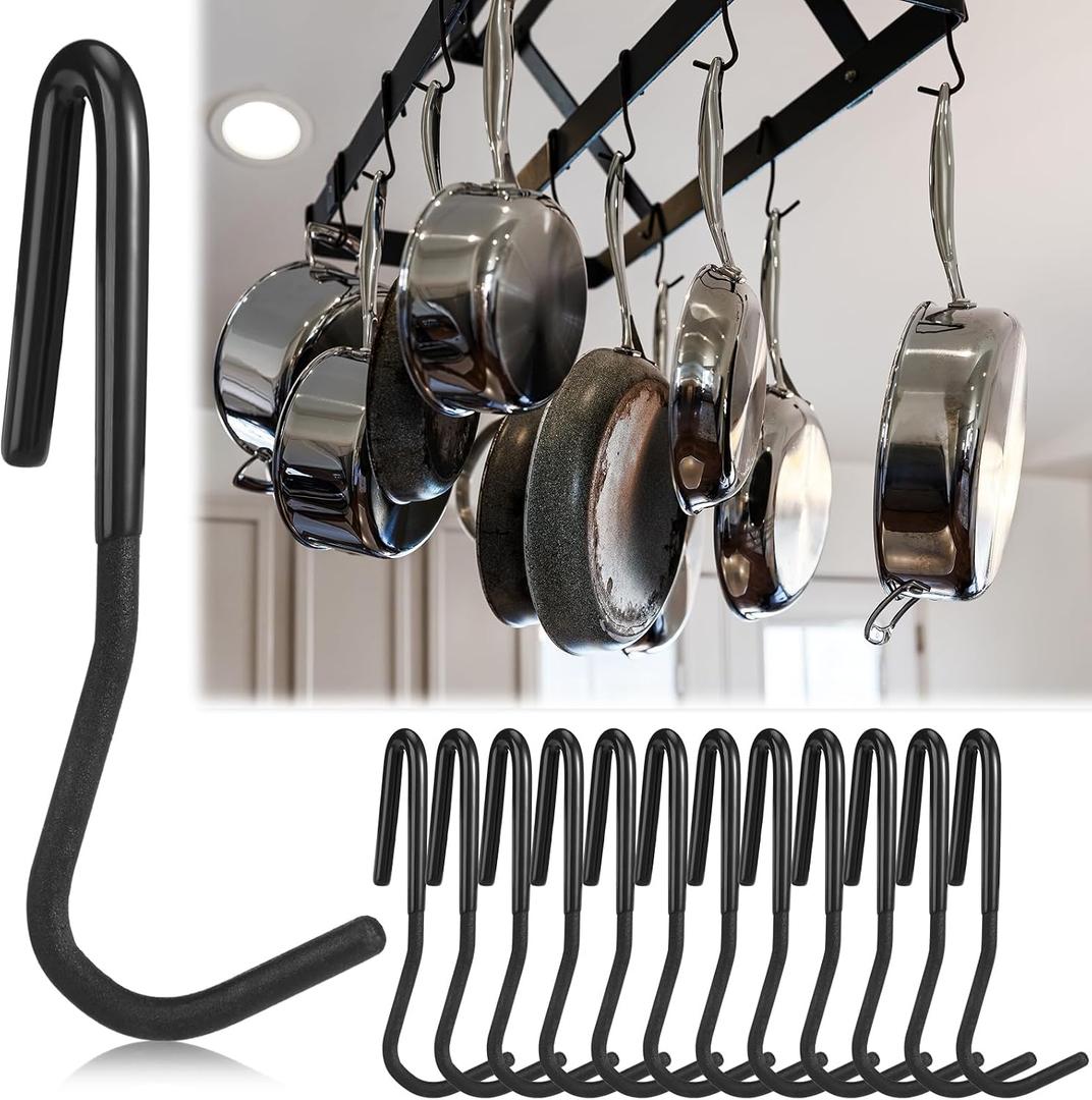 MorningRo 12 Pcs Pot Rack Hooks 5 Inch Black Metal S Hooks for Pots and Pans 90 Degree Twist Angled Hangers for Hanging Kitchen Utensils Towels, Plants