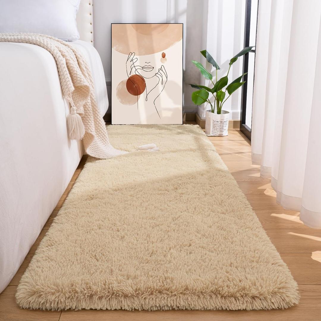 Przemy Fluffy Runner Rug for Bedroom Living Room, 2x6 Feet Beige Shag Area Rugs, Soft Fuzzy Carpet for Bedside Nursery Kids Room College Dorm, Plush Throw Rug for Home Decor