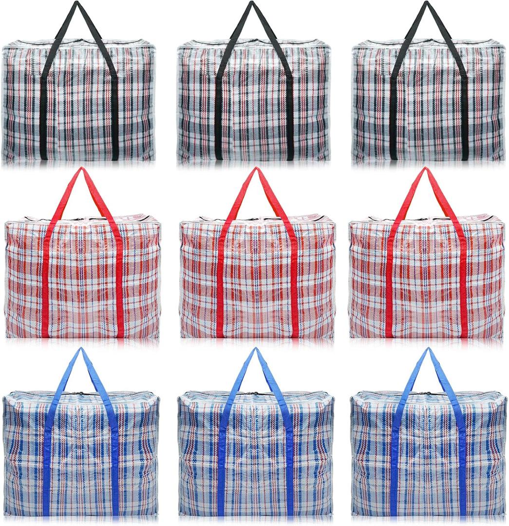 9 Pack 70L Checkered Moving Storage Bags, Large Travel Plaid Bag for Storage Box with Zipper, Heavy Duty Laundry Tote Organizer with Handle for Cloths, Pillow, Bedding, Red, Blue, Black