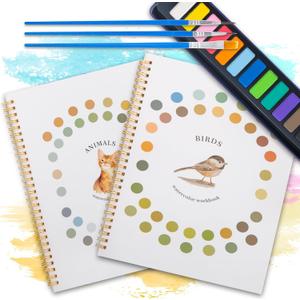 Dancart 2 Pack Beginner Watercolor Painting Set, 10.2" X 8.2" Watercolors Books with 12 Colors & 3 Brushes, Outlined Sketchbook & Guide for Beginners, Adults, Teens (Cat & Bird)