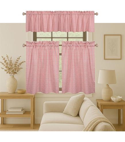 Native Fab Gingham Check 3 Pieces Window Curtain Tiers 26"x36" and Valance 54"x18" Set - Rod Pocket - Semi Sheer - Farmhouse Small Curtain for Kitchen, Bedroom, Living Room - Red and White