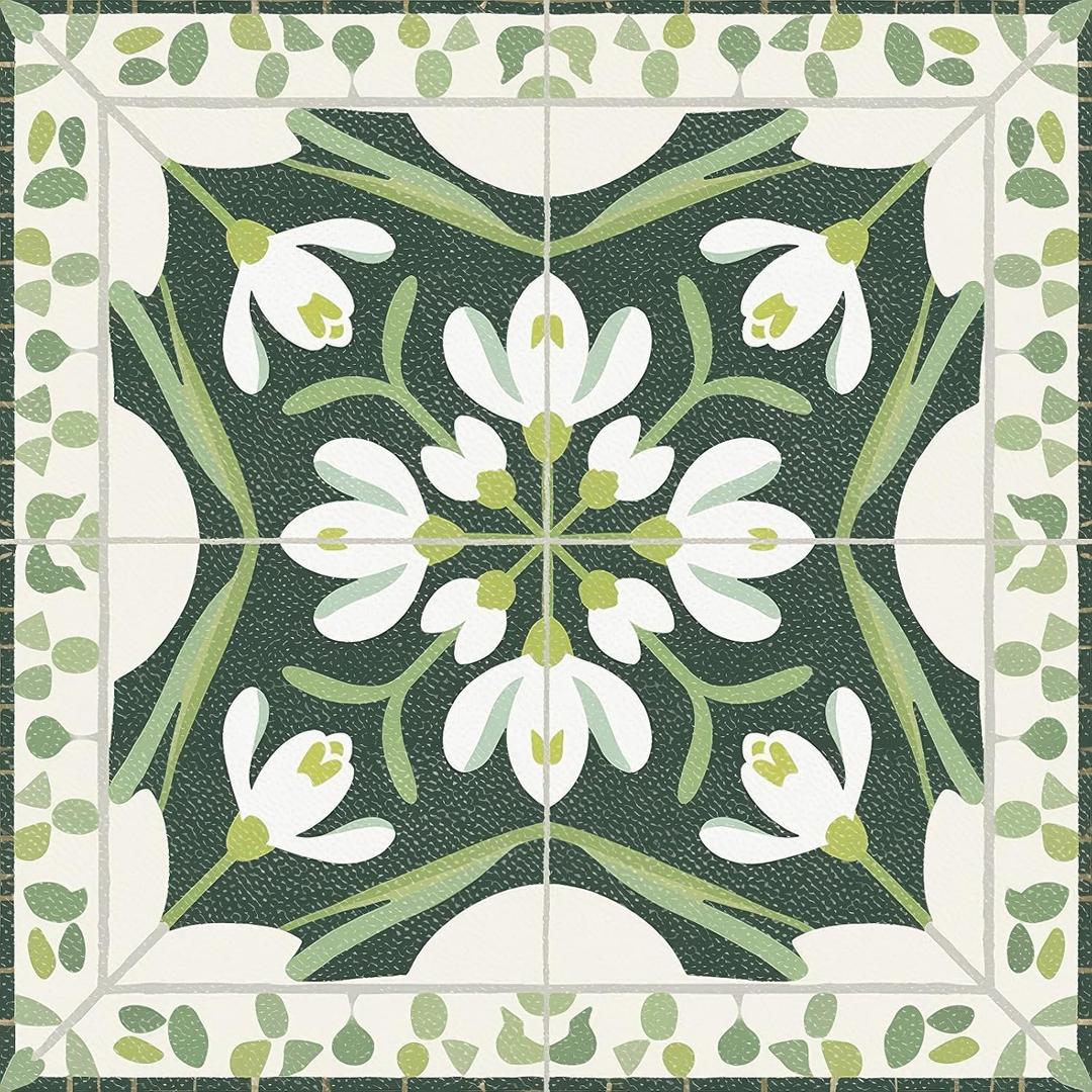 HOMETITUTE Green Snowdrop Botanical Peel Stick Floor 12x12 Vinyl | Self Adhesive Decals Removable Flooring Stickers Kitchen Bathroom Livingroom - Green Snowdrop