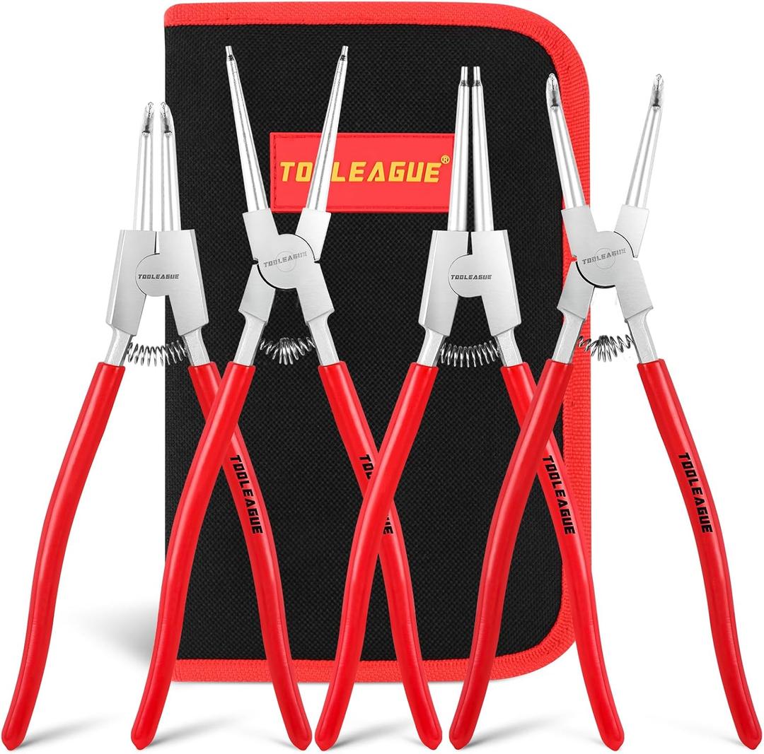TOOLEAGUE 4 Pcs Snap Ring Pliers Set, Circlip Pliers, 13 inches Internal/External Heavy Duty for Ring Remover Retaining Straight Bent Lock Ring Pliers Set (Red)