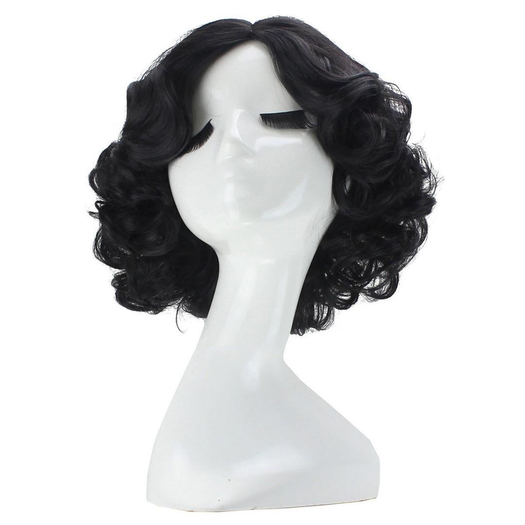 ANOGOL Hair Cap+Short Black Curly Wigs with Middle Part for Women Synthetic Wig Princess Cosplay Wig for Halloween Party Christmas Costume Wig (1 Count)