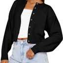 Cioatin Women Y2K Open Front Button Down Crop Sweater Cardigan Long Sleeve Lightweight Knit Pullover Fall Outfits Tops (Black, L)